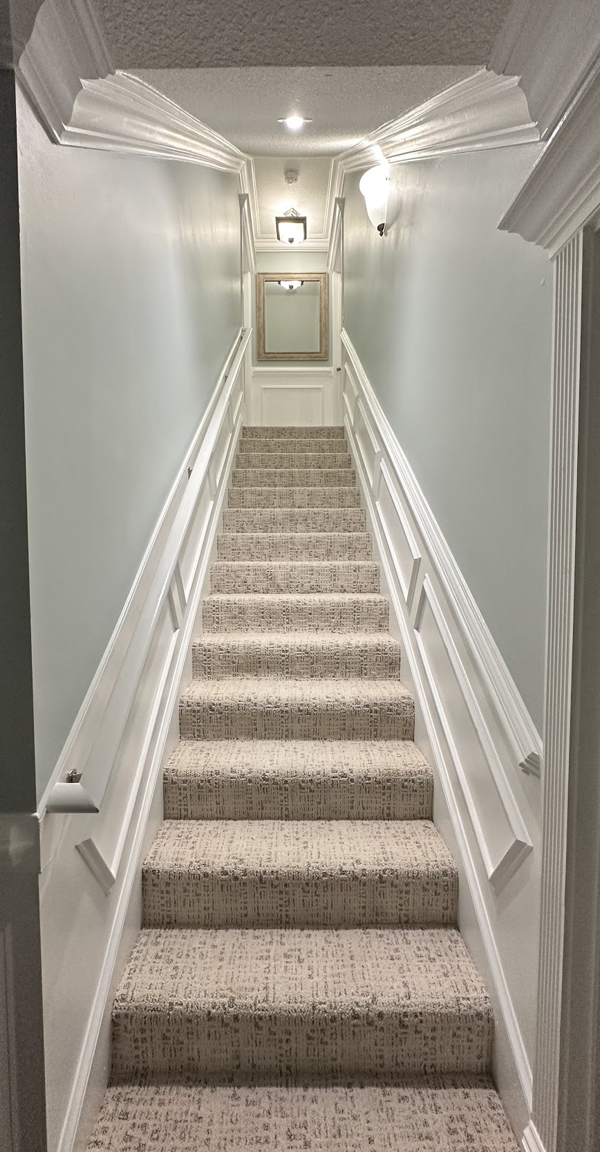 Carpet installed on a staircase with white trim